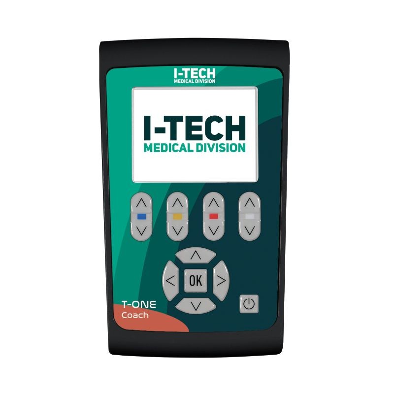 Electroestimulador I-Tech T-ONE Coach de 4 canales con pantalla digital para fitness y bienestar.